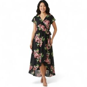 Scobe Floral Faux Wrap Maxi Dress High Low Chiffon Pink Rose Black Size Medium